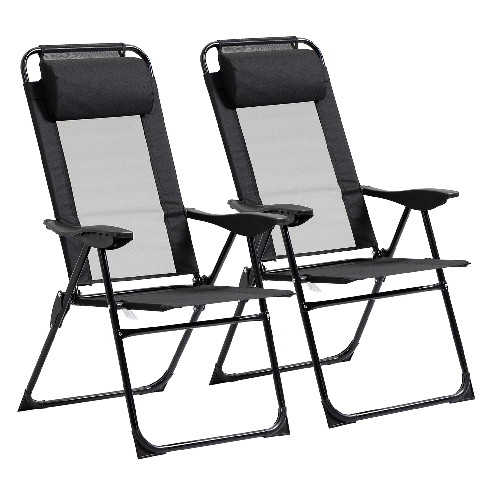 Folding Patio Chairs Set of 2, Outdoor Deck Chair with Adjustable Sling Back, Camping Chair with Removable Headrest for Garden, Backyard, Lawn, Black