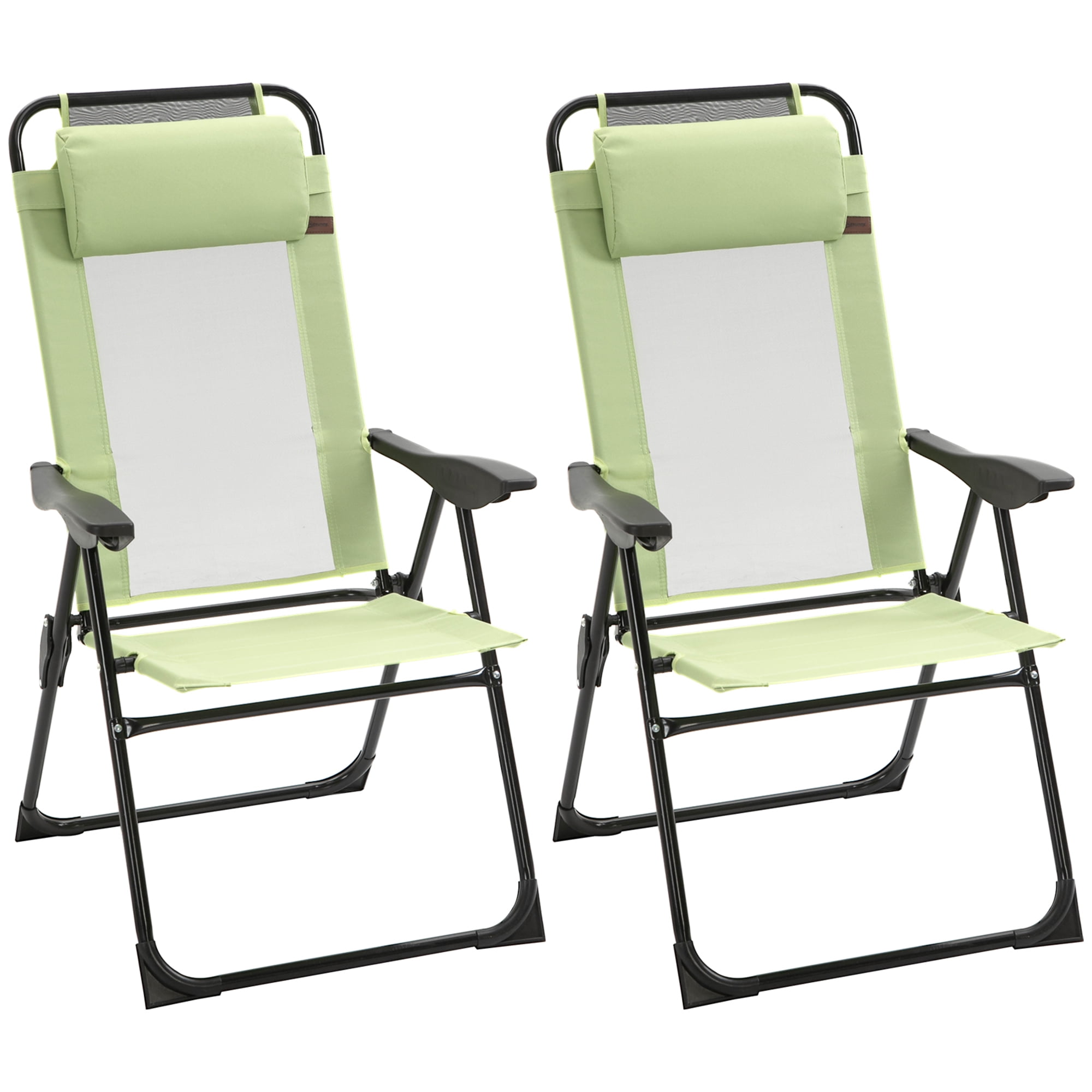 Folding Patio Chairs Set of 2, Outdoor Deck Chair with Adjustable Sling Back, Camping Chair with Removable Headrest for Garden, Backyard, Lawn, Green