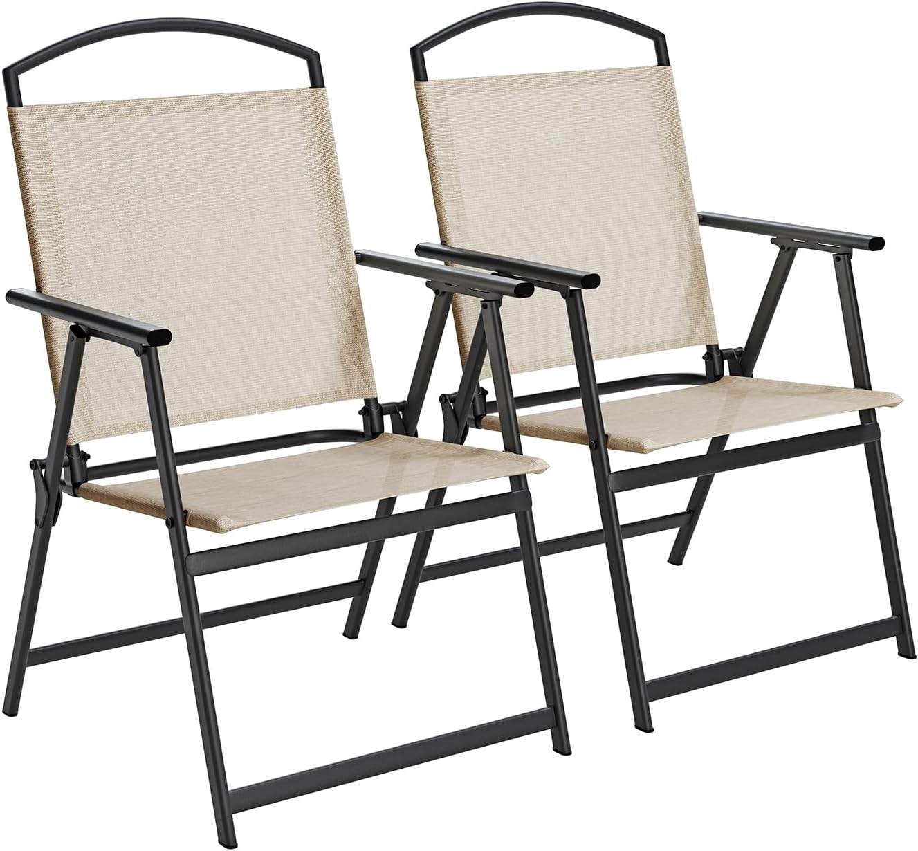 Folding Patio Chairs Set of 2, Outdoor Dining Chairs with Armrests, Breathable Textilene & Steel Frame for Lawn, Garden, Yard or Poolside - Beige