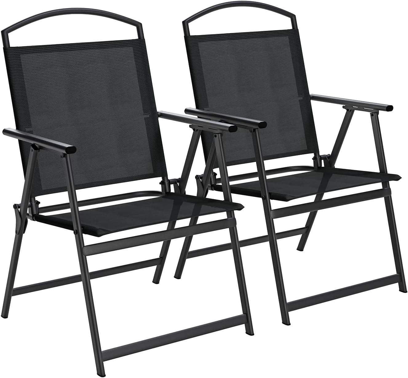 Folding Patio Chairs Set of 2, Outdoor Dining Chairs with Armrests, Breathable Textilene & Steel Frame for Lawn, Garden, Yard or Poolside - Black