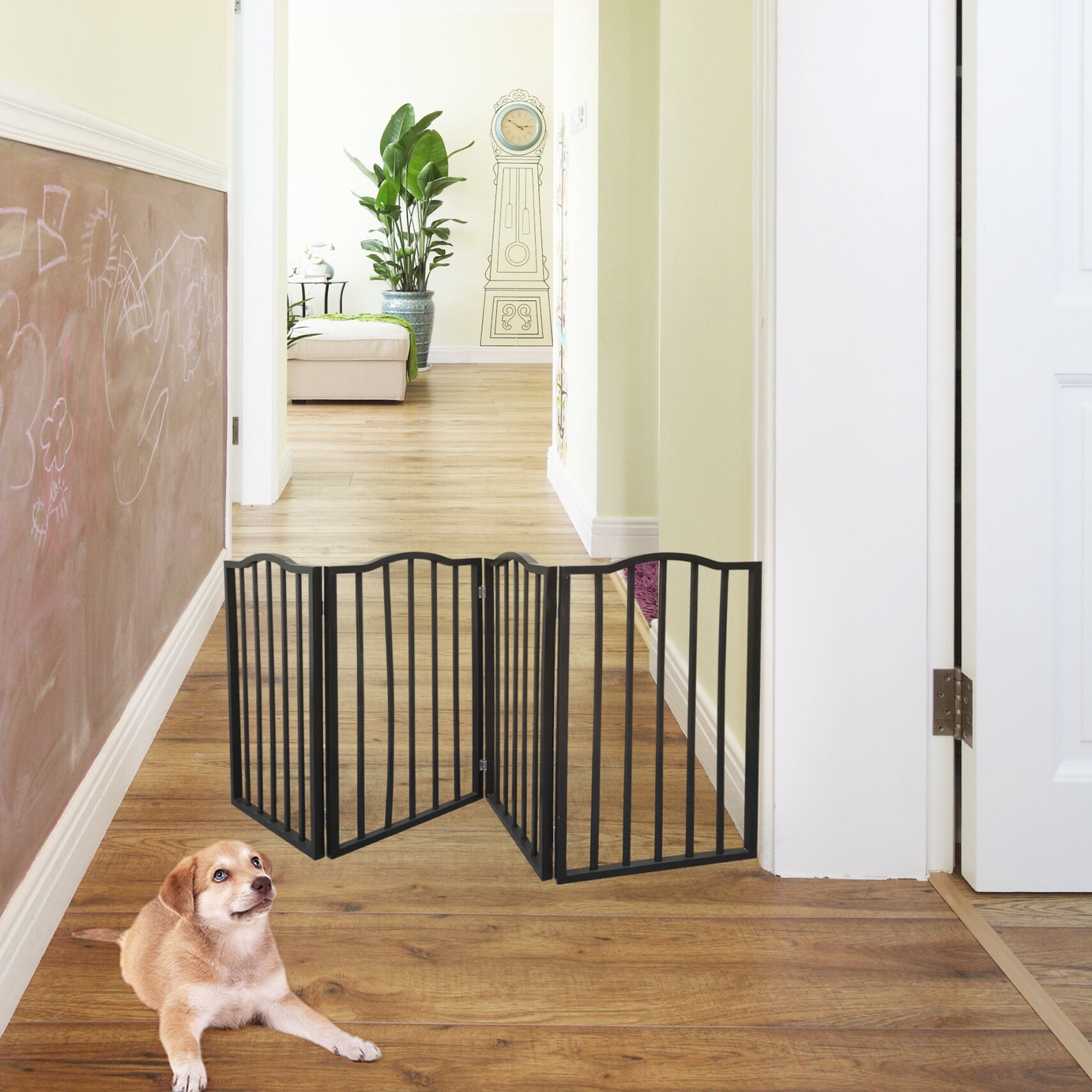 Folding Pet Gate with 4 Panels, Freestanding Arc Wooden Dog Gate with