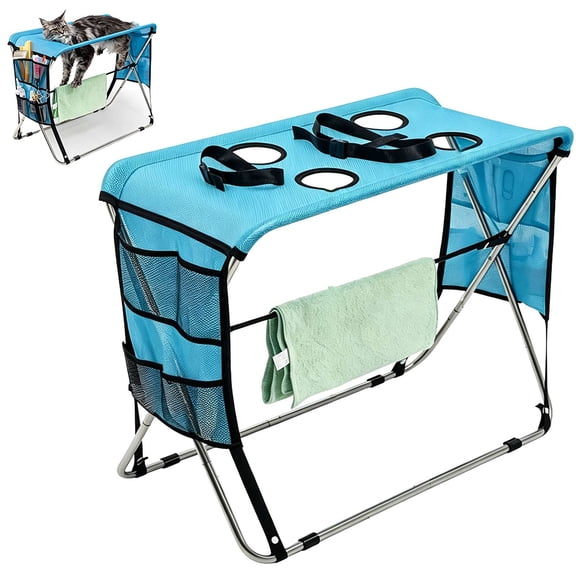 Folding Pet Grooming Table for Small Dogs & Cats, Stainless Steel Frame Pet Bathing & Nail Trimming Station with Adjustable Restraint Holes, Storage Pockets & Towel Rack, Blue