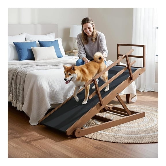 Folding Pet Ramp, 5-Level Adjustable Dog Ramp for Bed, Couch, - High Traction Rubber Surface, Supports up to 200 lbs, 45.2" Long - Ideal for Small & Large Dogs & Cats,Brown Finish