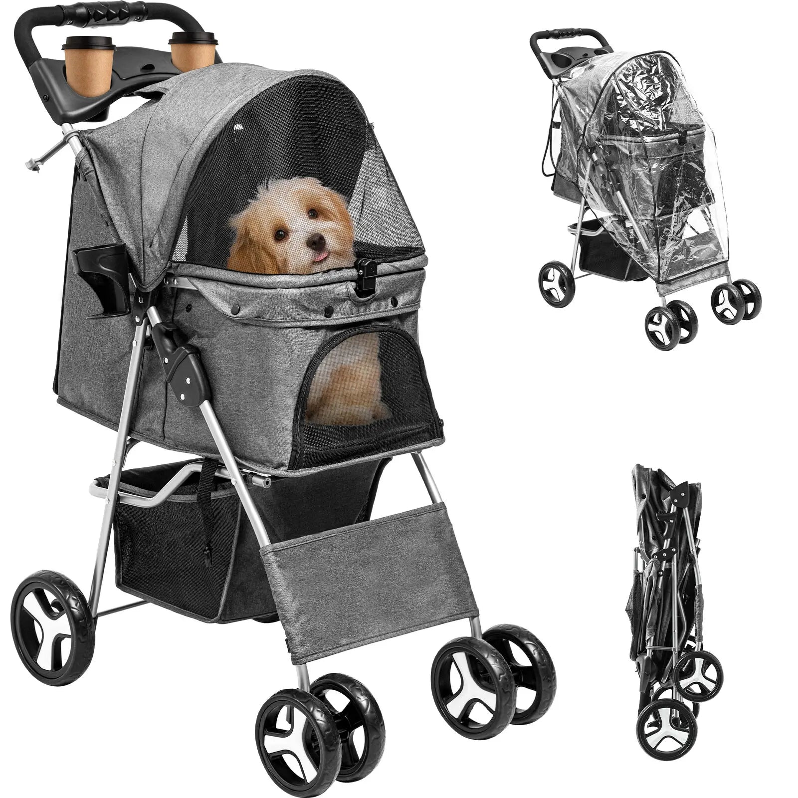 Folding Pet Stroller Cat Dog Cage 4 Wheels Stroller Travel Carrier US