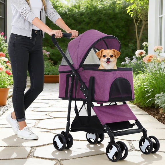 Folding Pet Stroller Dog Cat Stroller with Detachable Carrier Storage Basket, 3 in 1 Lightweight Waterproof Travel Stroller(Purple)