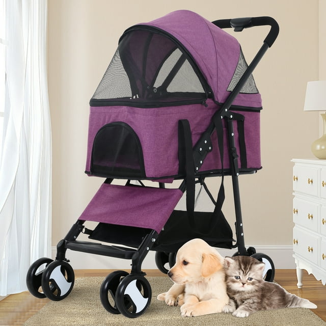 3in1 Waterproof Folding Pet Stroller with Detachable Carrier and Storage Basket (Purple