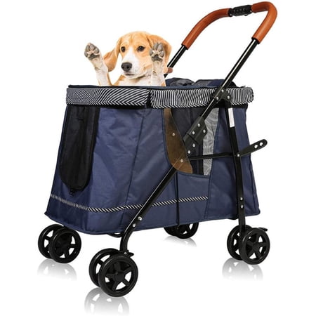 Folding Pet Stroller for Dog or Cats, One-Click Folding Dog Travel Stroller with Dual Entry, Blue