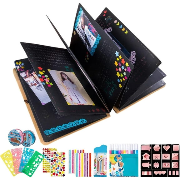 Folding Photo Album, Stretchable Scrapbook Album, Keepsake Book with DIY Accessories Set, Compact Set With12 Colo Markers, for Folding Wedding Valentine Day Present Celebration Holiday Keepsake(S)