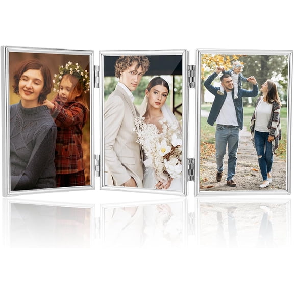 Folding Photo Frames Triple Picture Frame Hinged 6x4 Photos with Double-Sided ferroalloy and Glass Picture Frame for Artwork Photo Stand on Tabletop - Sliver