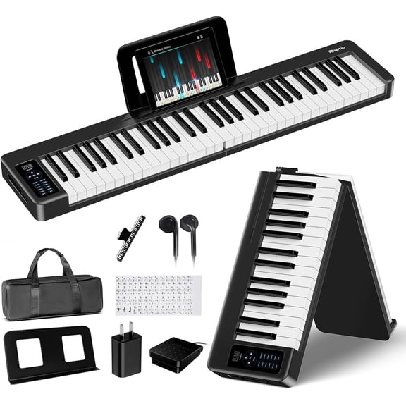 Folding Piano Keyboard, 61   Electric Piano, Weighted Portable Electric Keyboards with  MIDI, Digital Foldable Keyboard for Beginner (Black)