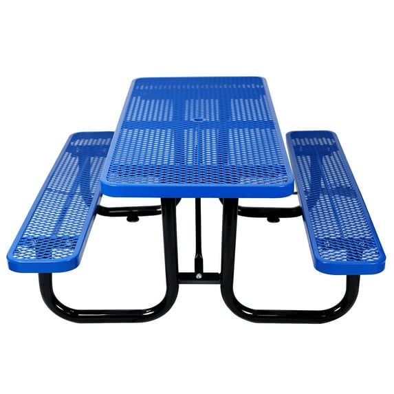 Folding Picnic Table with 2 Benches, Outdoor Camping Table Set with Plastic Wood-Like Texture Tabletop & Steel Frame, 6 ft Foldable Camping Table with Umbrella Pole for Picnic, Party, BBQ, Blue