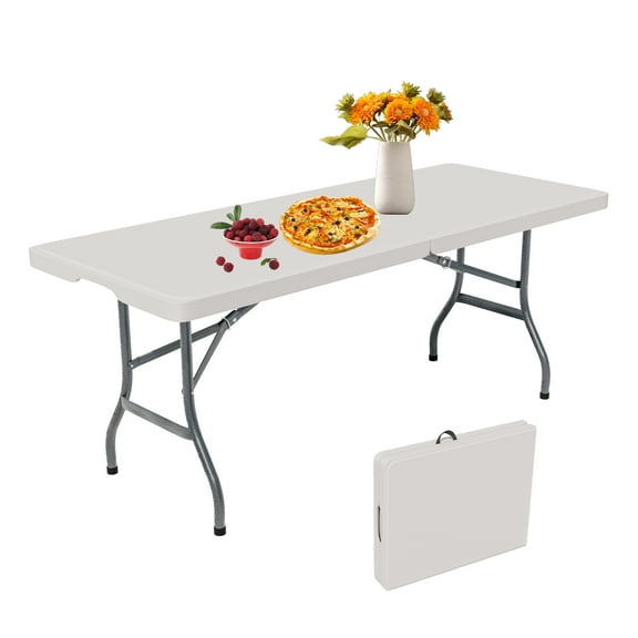 Folding Picnic Table, 6FT Portable Foldable Tables for Party BBQ, Metal Legs, HDPE, White Outdoor Indoor Camping Table with Handle, No Assembly