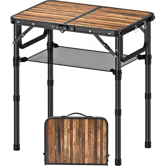 Folding Picnic Table with Storage Net, 3 Adjustable Heights, Lightweight Portable Design for Camping and Outdoor Use, 24"L x 16"W x 27"H Plank-Style Wood Grain