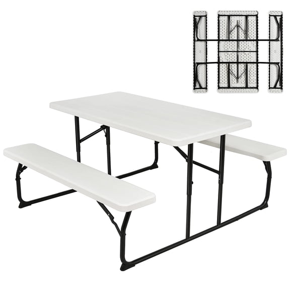 Folding Picnic Table With Two Benches White Outdoor Dining Set