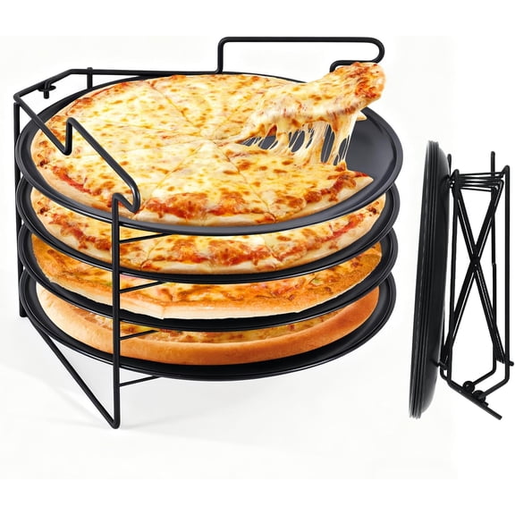 Folding Pizza Rack Stand 4-Layer Stainless Steel with 12-Inch Non-Stick Pan,Oven-Safe Baking & Cooling Holder for Home Kitchens,Pizza Shops,Commercial Restaurants