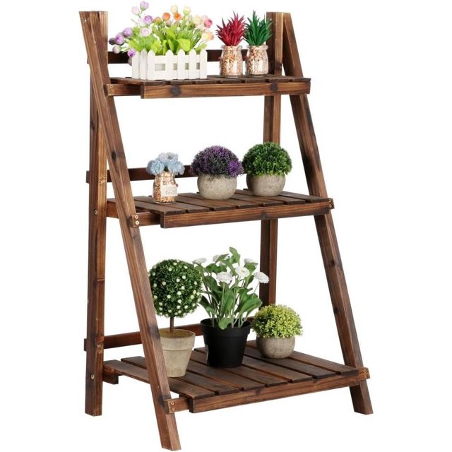 Folding Plant Stand Wooden Foldable Plant Shelf 3Tier Flower Pot Stand
