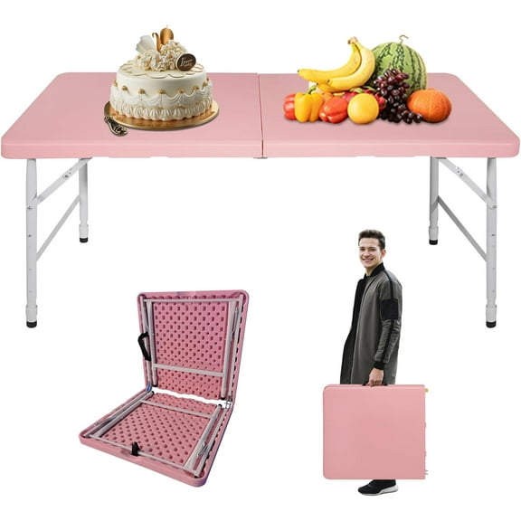 Folding Plastic Table 4ft Adjustable Height Portable Dining Table for Camping, Picnics, Parties, High Load Bearing Foldable Table,Pink