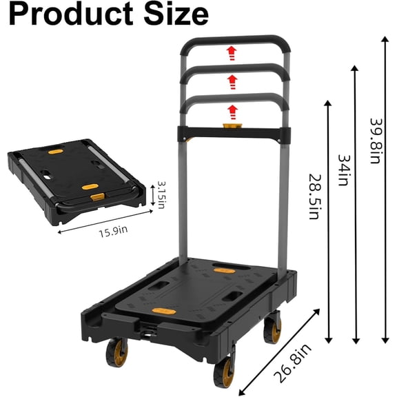 Folding Platform Hand Truck Push Cart Foldable Dolly Cart Portable Trolley 300lb Heavy Load Capacity, Adjustable Handle with Swivel Wheels for Garage Garden Home Office Travel Shopping Use