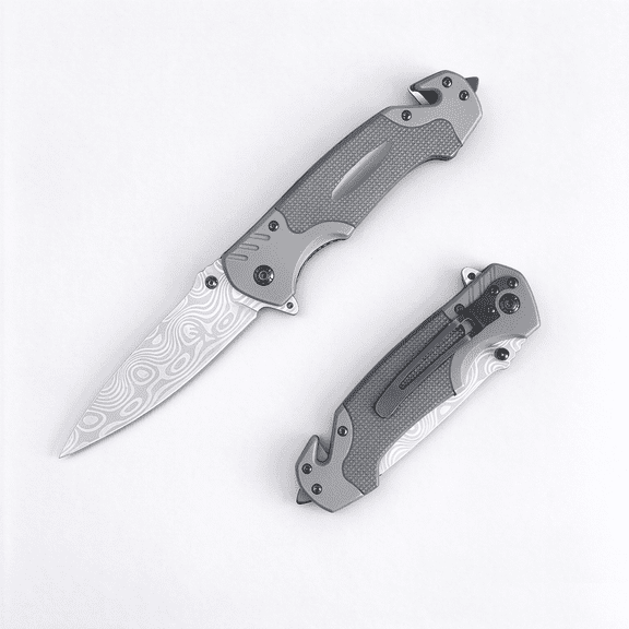 Folding Pocket Knife, Damascus Pattern Blade with Glass Breaker & Seatbelt Cutter, Outdoor Camping EDC Utility Knife, Ideal Halloween & Christmas Gift for Friends