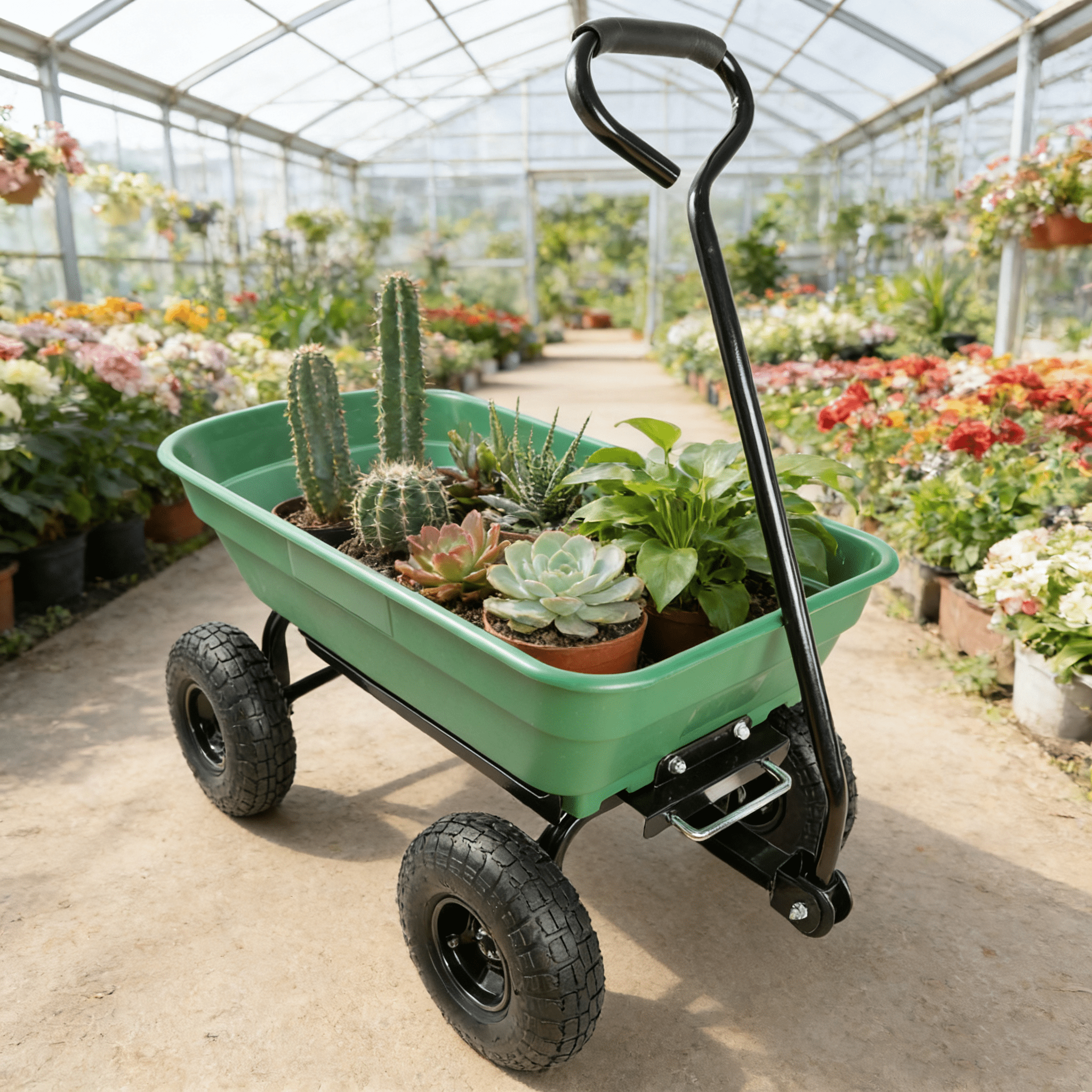 Folding Poly Garden Dump Cart, 300LB Capacity (55L), Steel Frame & 10" Pneumatic Tires, Green Utility Wagon with 180° Rotating Handle