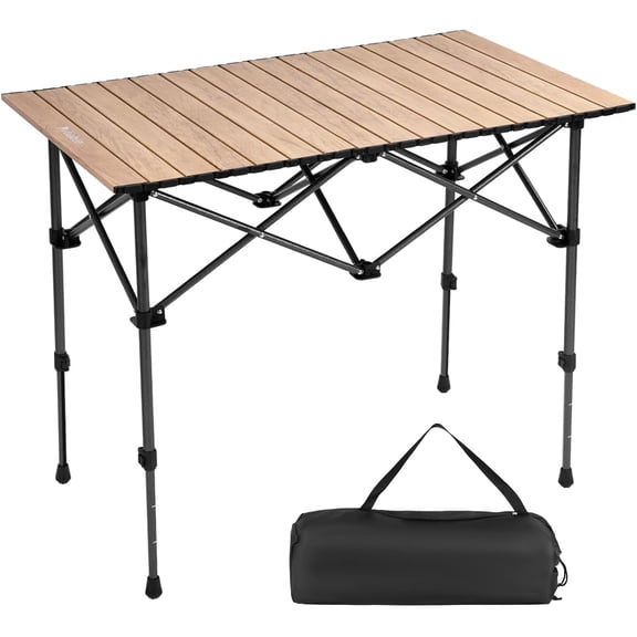 Folding Portable Aluminum Camp Table Adjustable Height with Carry Bag Wood Grain 36.8"L x 21.9"W x (21.5-29.5)"H