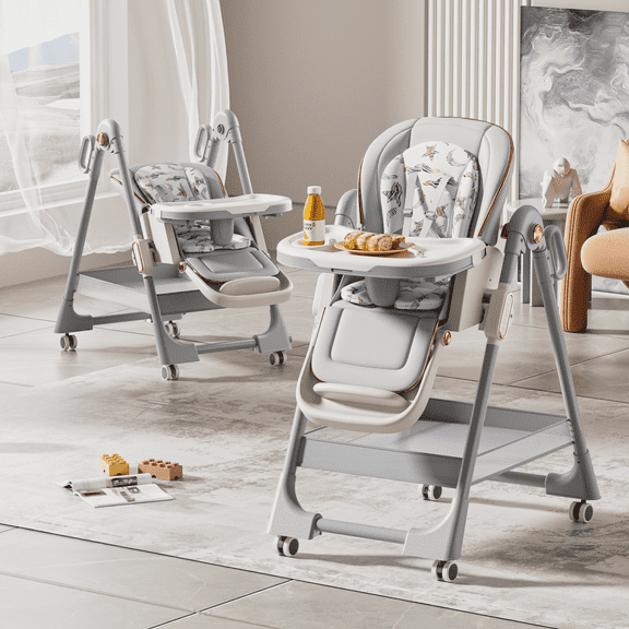 Folding Portable Baby High Chair Baby Feeding Chair with Removable Tray with 5-Point Safety Harness , PU Leather,Eat&Play Seat Center for Babies and Toddlers,