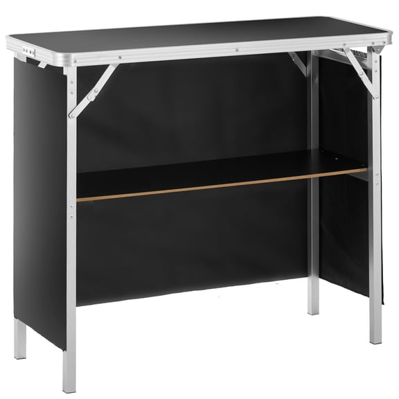 Folding Portable Bar Table with Carrying Case Storage Shelf and Black Skirt 38.39 x 15.16 x 34.25 Inches for Indoor Outdoor Party Picnic Exhibition Tradeshow Podium