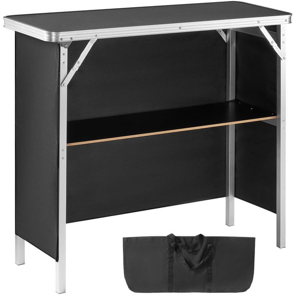 Folding Portable Bar Table, Tradeshow Podium Table for Indoor, Outdoor, Party, Picnic, Exhibition, Includes Carrying Case, Storage Shelf and Black Skirt, 38.39" x 15.16" x 34.25"