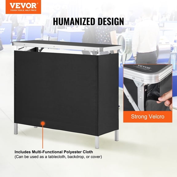 Folding Portable Bar Table,Tradeshow Podium Table for Indoor,Outdoor,Party,Picnic,Exhibition,Includes Carrying Case,Storage Shelf&Black Skirt,38.39"x15.16"x34.25"