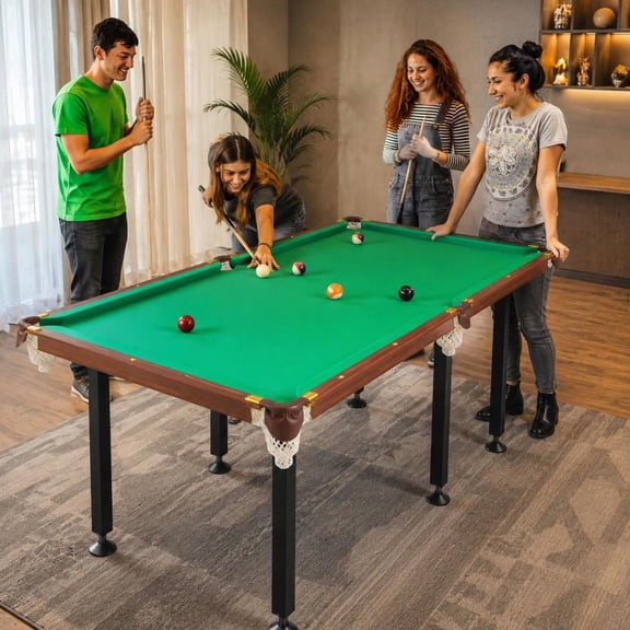 Folding Portable Billiards Table, comes with cue sticks, billiard balls, triangle rack, chalks, and adjustable foot levelers