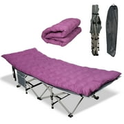 Folding Portable Camping Cots, Portable Sleeping Cots for Adults with Removable Mattress, Carry Bag and Side Pocke, Indoor & Outdoor Camping Bed for Travel/Office/Home,Gray & Dark Purple
