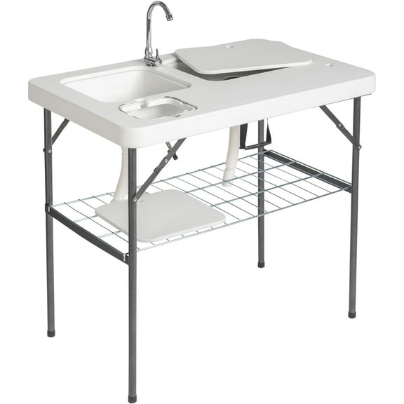 Folding Portable Camping Sink Table with Sink Faucet, Drainage Hose & Grid Rack, White