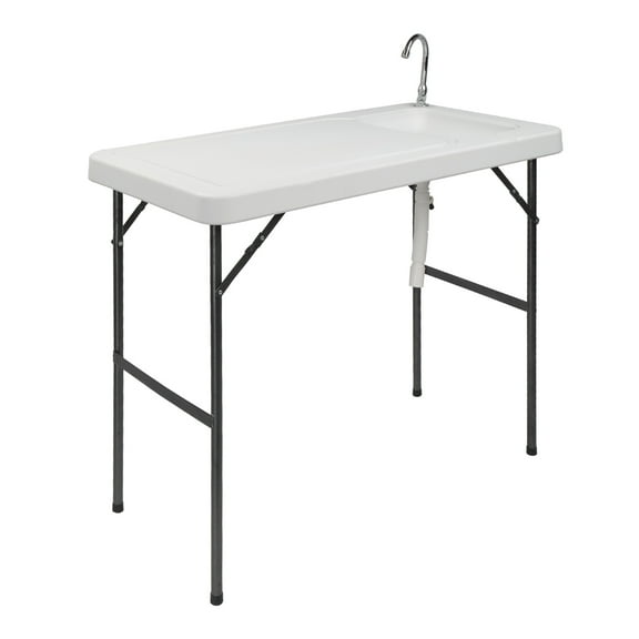 Folding Portable Fish Fillet, Hunting & Cutting Table with Sink & Faucet - Off White HDPE & Steel - 46" Outdoor Prep Station
