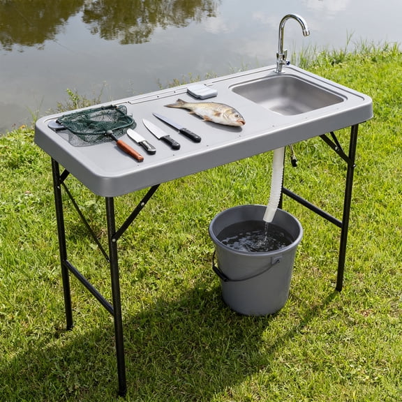 Folding Portable Fish Fillet Table with Sink & Faucet, HDPE Top Steel Frame Camping Prep Table for Fishing Picnics Outdoor Activities, Grey