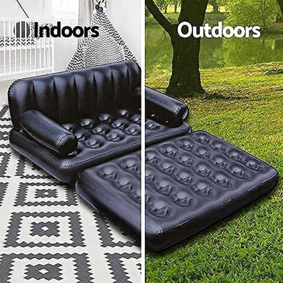 Folding Portable Inflatable Sofa Twin Bed, Lazy Flocking Queen Size Air Bed Mattress - Great for Pop Up Indoor Living Room and Outdoor Balcony, Backyard, Camping, Picnic, RV Foot Pump (Black)
