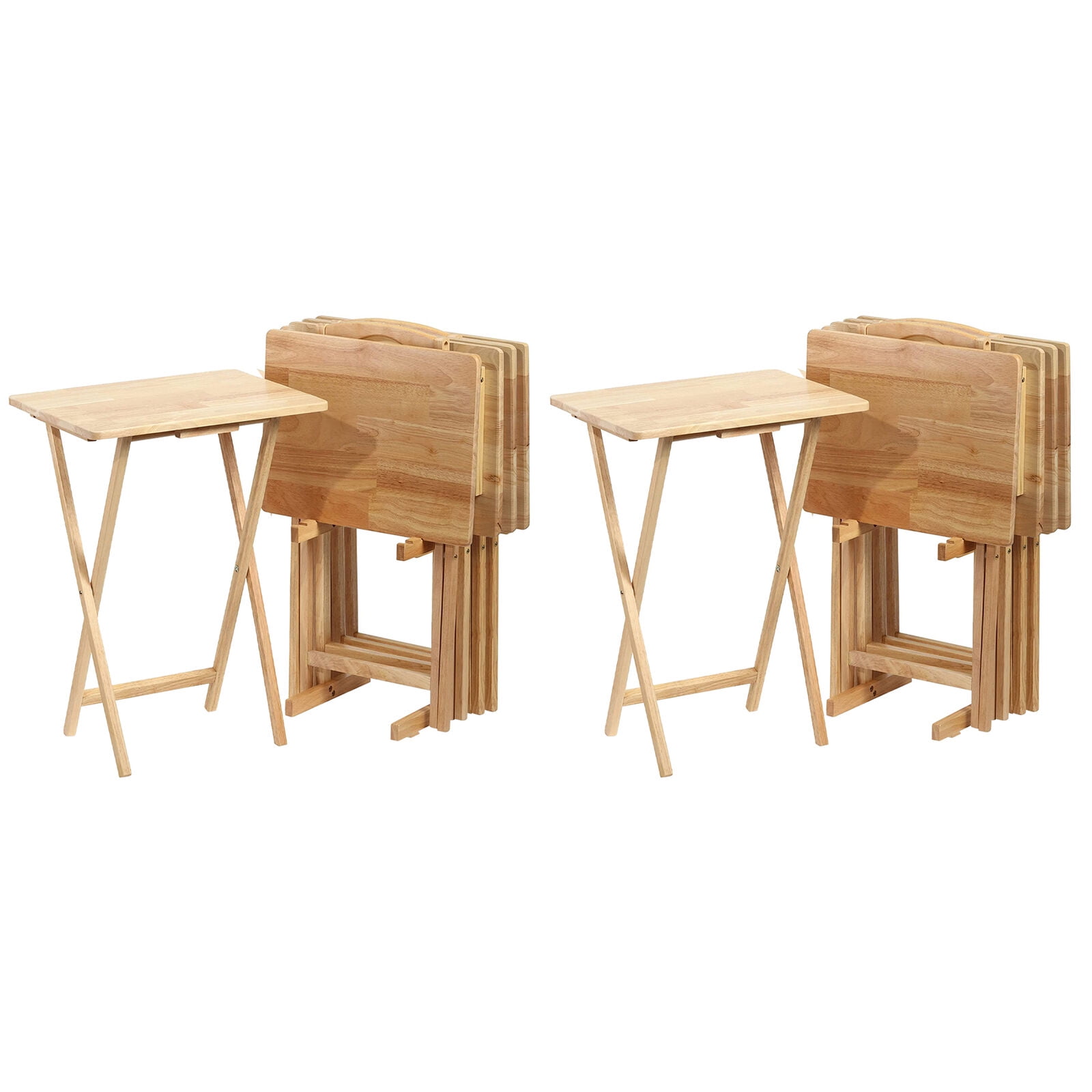 Natural Solid Wood Folding TV Tray Table Set with Storage Rack, 10-Piece