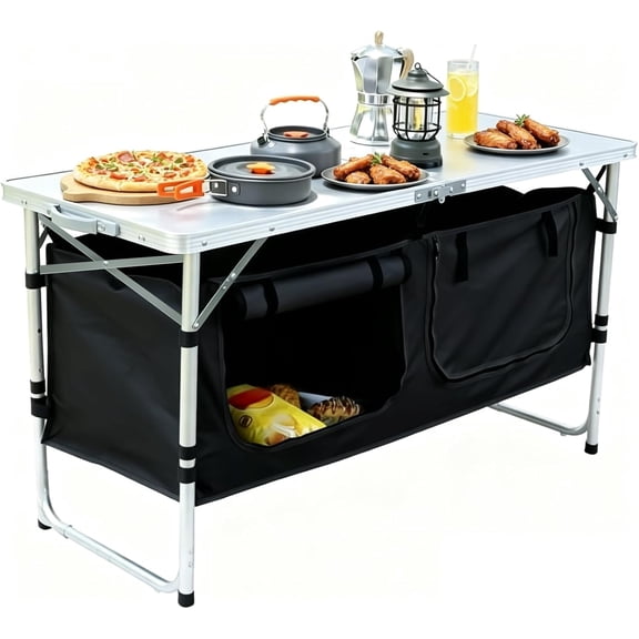 Folding Portable Table with Storage, 3-Height Adjustable Rectangular Aluminum Table in Black