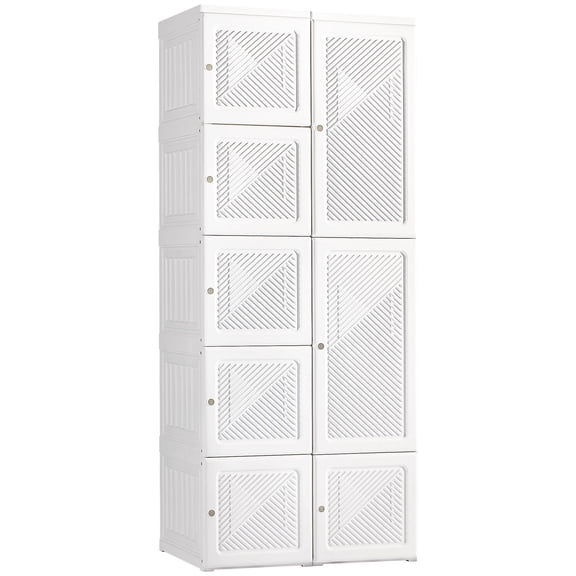 Folding Portable Wardrobe Closet with 8 Cube Compartments, Hanging Rod, Magnet Doors, White ABS Armoire for Bedroom Storage
