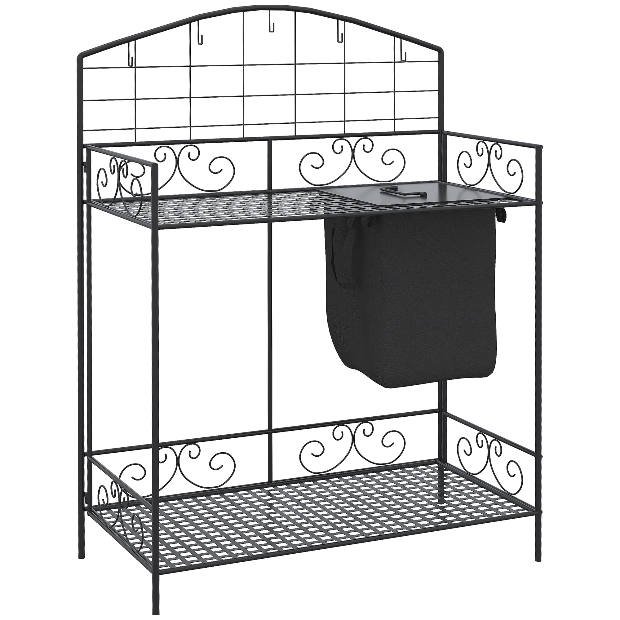 Folding Potting Bench Table, Metal Garden Workstation, Work Bench with Large Build-In Bag with Cover, 5 Hanging Hooks & Storage Shelf, Flourishes