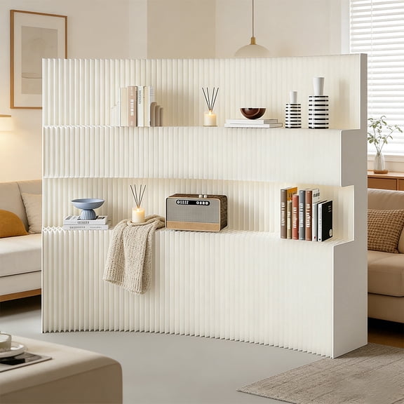 Folding Privacy Room Divider with Built-in Display Stand, Double Sided Freestanding Partition Screen, Bendable Portable Wall Divider, No Assembly Needed for Bedroom Office Living Room