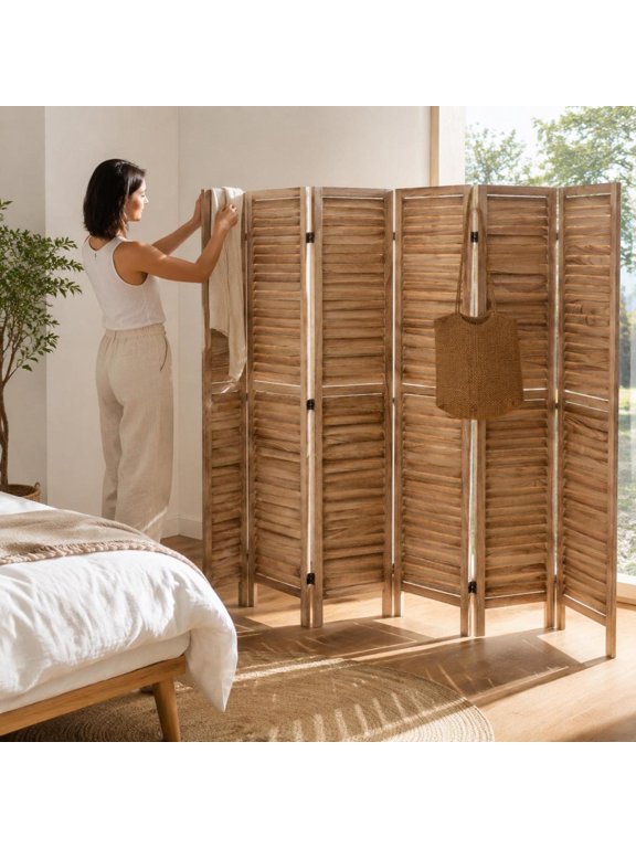 Folding Privacy Screen, 6 Panel, 66.9 in Tall, Paulownia Wood, Indoor Room Divider