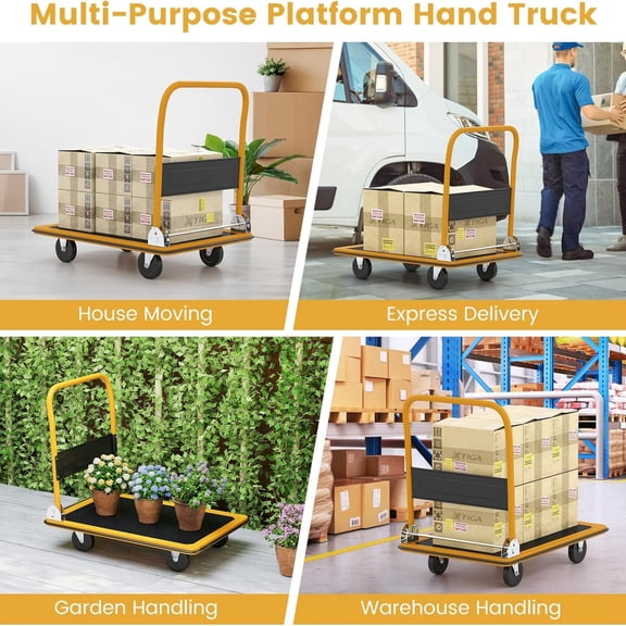 Folding Push Cart Dolly, Moving Platform Hand Truck w/ 360 Swivel Wheels, Spacious & Non-Slip Loading Area, Rolling Flatbed Cart for Loading & Storage, 660LBS Max Load