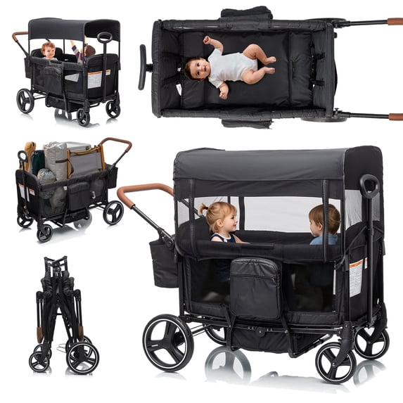 Folding Push Pull Wagon Stroller for 2 Kids – Adjustable Canopy UPF 50+ and Mosquito Net, 5-Point Harness, All-Terrain Wheels, Large Storage with Snack Tray, Ideal for Baby Toddler Park Beach Travel