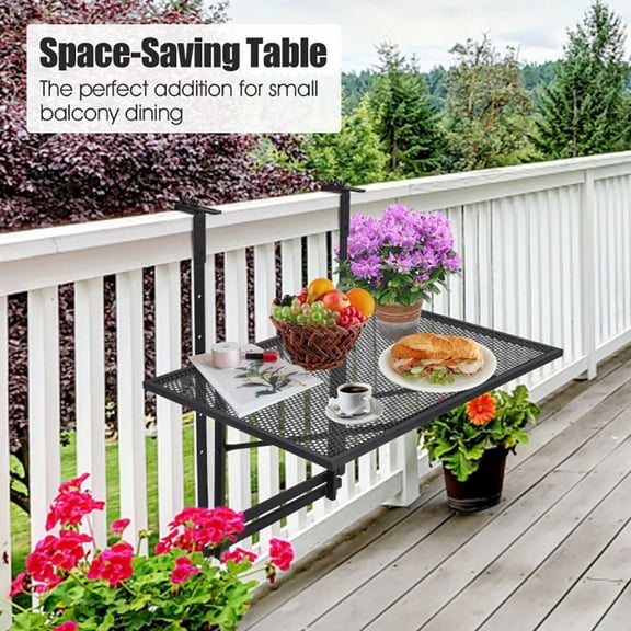 Folding Railing Table with 5-Level Adjustable Height, Hanging Balcony Deck Table for Outdoor Use