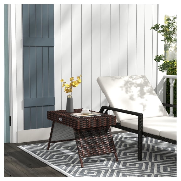 Folding Rattan Side Table, Outdoor End Table, PE Wicker Coffee Table for Patio, Balcony, Backyard, Portable Space Saving, Brown