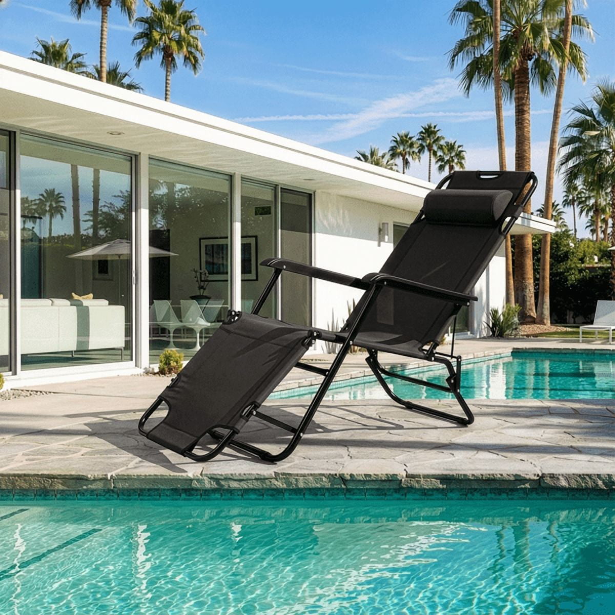 Folding Recliner Chair, Portable Extendable Folding Reclining Chairs for Indoor Outdoor, Black