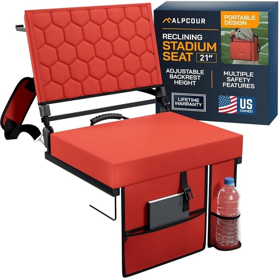 Folding Reclining Stadium Seat with Back Support for Bleachers 3 Reclining Positions Portable Outdoor Cushioned Chair with Storage Pockets Cup Holder Bleacher Hook