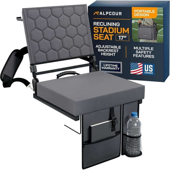 Folding Reclining Stadium Seat with Back Support for Bleachers 3 Reclining Positions Portable Outdoor Cushioned Chair with Storage Pockets
