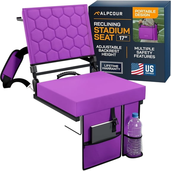 Folding Reclining Stadium Seat with Back Support for Bleachers 3 Reclining Positions Portable Padded Outdoor Chair with Storage Pockets