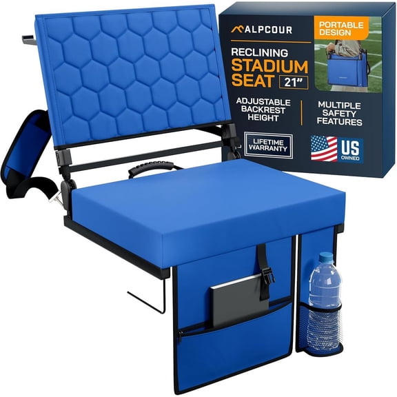 Folding Reclining Stadium Seat with Back Support for Bleachers Portable Outdoor Chair with Storage Pockets & Anti-Slip Base